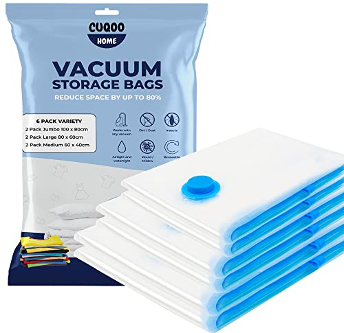NIFTII Vacuum Storage Bags 6 Pack, Mixed Sizes - Space Saver for Clothes, 80% More Storage with Airtight, Waterproof, Double-Zip Seal, Durable Packing Bags for Duvets, Bedding & Travel