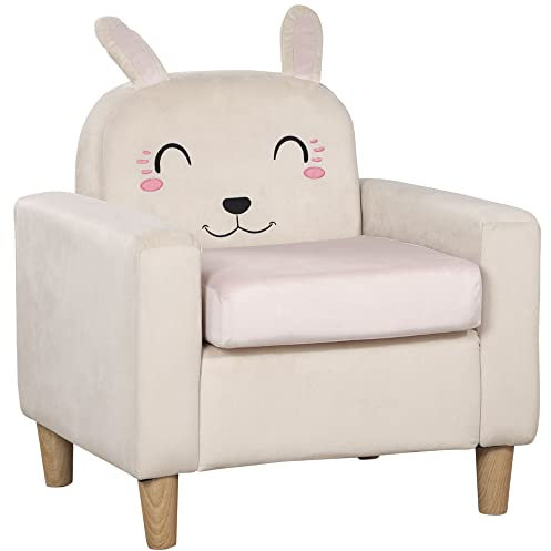 HOMCOM Kindersofa, Kindersessel, Kindercouch mit Samtoptik, Chaiselongue für Kinder ab 3 Jahre, Schlafsofa für Kinderzimmer, Massivholz, Creme, 53 x 47 x 54,5 cm