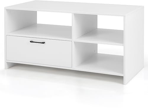 COSTWAY Mobile TV Fino a 50 Pollici, Tavolo Moderno per Console Multimediale con 3 Scomparti Aperti e 1 Cassetto Portaoggetti, Mobile Porta TV a 2 Livelli per Soggiorno