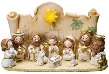 KSIEE 11-Piece Nativity Scene Figurines Manger, Resin Jesus Birth Christmas Decorations, Indoor Holiday Jesus Birth Scene with Light, Christmas Nativity Table Piece with 10 Rearrangeable Figurines