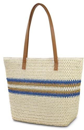 Aucuu Bolsa de hombro de paja para mujer, bolsa de playa, bolso grande con cremallera, bolso de mano bohemio de verano para viajes al aire libre y playa, Blanquecino 1, 30 * 22 * 4.5cm