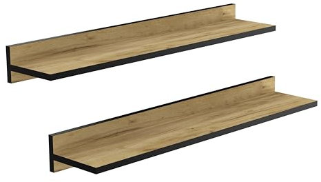 Wandregal, Schweberegal (2 Stück) , stabile Wandboards, 80 cm Hängeregale, mit unsichtbaren Halterungen, für Bad, Schlafzimmer, Küche, Büro, Wohnzimmer, Eiche mit Eiche-Wandleiste, Schwarz Finish