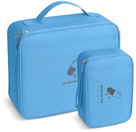 AiQInu Medicinväska, 2 stycken reseapoteksväska vattentät, stor och liten medicinväska resa, bärbar medicin förvaringsväska för hemmakontor resor, blå, Moderiktiga
