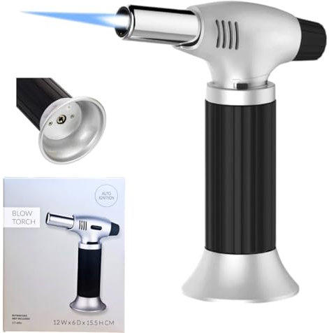 Blow Torch - Refillable Butane Gas Kitchen Blow Torch, Auto Ignition, Adjustable Flame, Safe to Use, Easy Grip, Perfect Torch Lighter for Baking, BBQ and Desserts- Gas Not Included