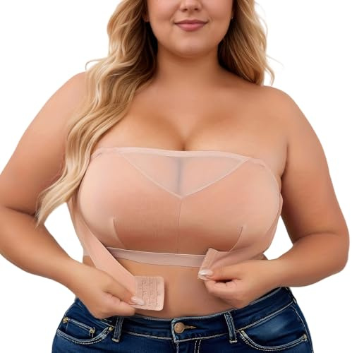 Adigau Femme Soutien Gorge sans Bretelles Grande Taille Bandeau sans Armatures Élastique Brassière Boucle Avant sans Rembourrage Beige 2XL