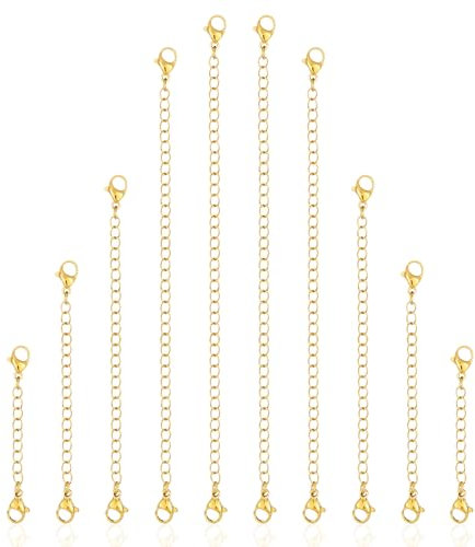 Extensión de collar de acero inoxidable, 10 unidades de extensión de cadena dorada para hacer joyas, cierre de mosquetón ajustable, cadenas de extensión para pulseras tobilleras (tamaños 2-6 pulgadas)