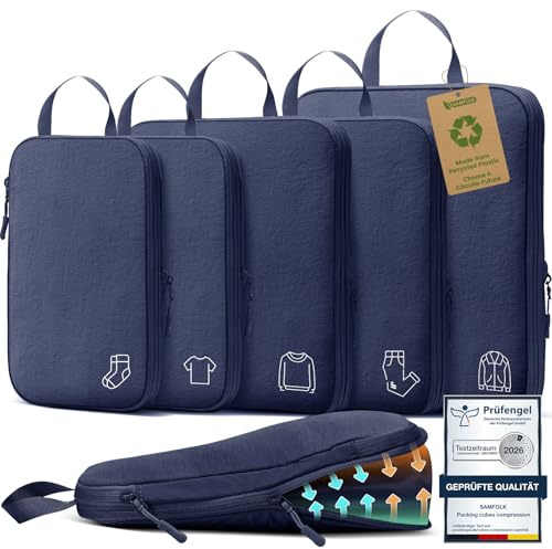 Organisateur Valise Sac Compression Voyage,Organisateur de Voyage Nylon Packing Cubes Compression,Rangement Valise Bagage Sac Compression pour Sac à Dos Bleu Marine