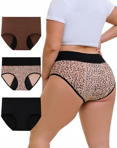 INNERSY Periodenunterwäsche Starke Blutung Große Größen Periodenslip Menstruation Slip 3er Pack (3XL, Schwarz/Leopard/Kaffee)