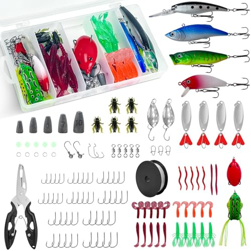 174 PCS of Fishing Lure Accessories, Including Plastic Worms, Frogs, Fish Hooks, Pliers, Fish Lines and Other Bait Sets, Suitable for Fishing Pike, Freshwater and Bass