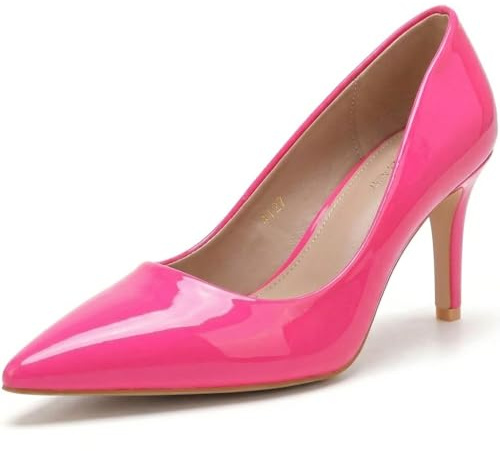 Women’s Low Heel Court Shoes Elegant Pointed Toe Mid Heel Pumps for Office, Work, Wedding & Formal Wear Comfort Shoes UK (Hot Pink Patent, UK Footwear Size System, Adult, Women, Numeric, Medium, 8)
