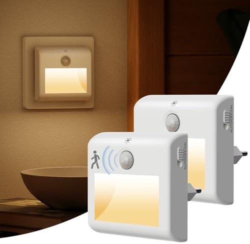 [2 Pezzi] Luce Notturna con Sensore di Movimento, Luci Notturne Presa, Luci Bianca Calda, 3 Modalità (ON/Auto/OFF), Dimmerabile Luce da Notte per Bambini Cameretta, Corridoio, Scale, Cucina, Bagno