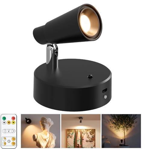 Fevislight Lámpara de pared LED con Recargable 5000mAh, USB Foco Recargable 350° Giratorio de 3 Colores Atenuación Continua con Control Remoto Táctil pare Planta, Obras Arte, Habitación, Estar