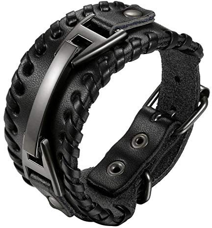 Cupimatch Breites Wickelarmband Herren Leder Armband Geflochten Fleschtarmband Armreif Seil Jungen Länge Verstellbar 15-20cm, Schwarz
