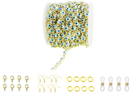 PAMIR TONG Handmade Turkish Evil Eye Beaded Link Chain with Golden Plated Brass Findings for Bracelet Necklace Glass Mask Decoration Shoes Clothes Jewelry Making (CC45)