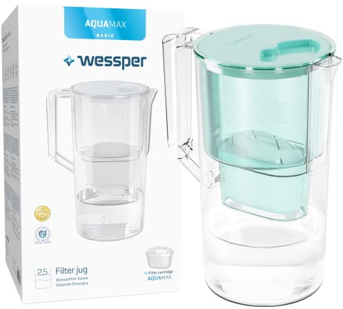 Wessper Jarra Filtradora de Agua 2.5L | Filtro Reemplazo para Dafi Unimax Aquaphor A5 BRITA Maxtra+ PHILIPS AWP212/10 | Reduce la cal y el Cloro, Agua filtrada | Jarra Filtrante + 1x cartucho | Menta