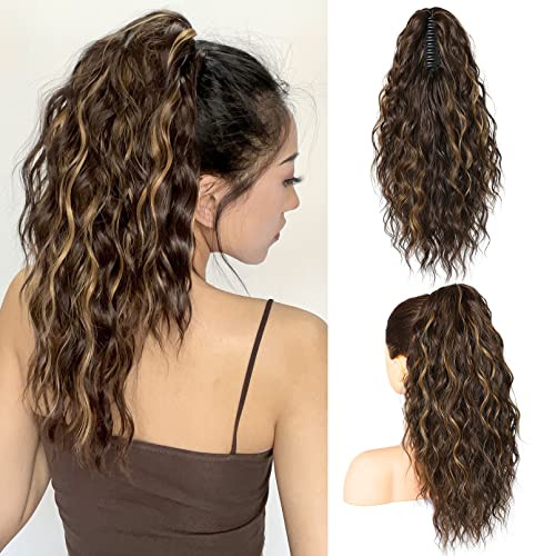 SEIKEA 18 Highlight Ponytail Extension, PT002 Tia Claw Long Multi Layered Fluffy Thick Wavy Jaw Clip in Fake Pony Tails Fake Hair Soft Natural Hairpiece Chocolate Brown Caramel Blonde Highlights