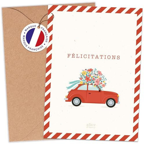 aliceandberry Carte Voeux Félicitations Mariage Originale - Cérémonie Heureux Mariage - Voiture Vintage Champêtre - Enveloppe kraft fournie