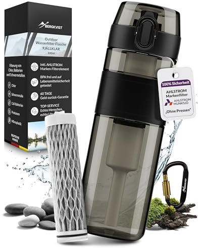 BERGKVIST Filtro dell'acqua per esterni, bottiglia da 500 ml, con filtro AHLSTROM, per acqua potabile pulita in campeggio, escursioni e in viaggio