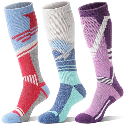 Sandsuced Merino Wool Ski Socks for Mens Womens Winter Thermal Warm Heated Thick Knee High Snowboarding Skiing Socks for Cold Weather 3 Pairs Gifts Stocking Fillers(Red/Blue/Purple,L)