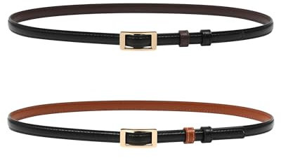 Kajeer Schmaler Wendegürtel für Damen - 2 Stück Ohne Löcher Ledergürtel Verstellbarer Dünner Taillengürtel für Kleider Hosen Jeans mit Goldschnalle