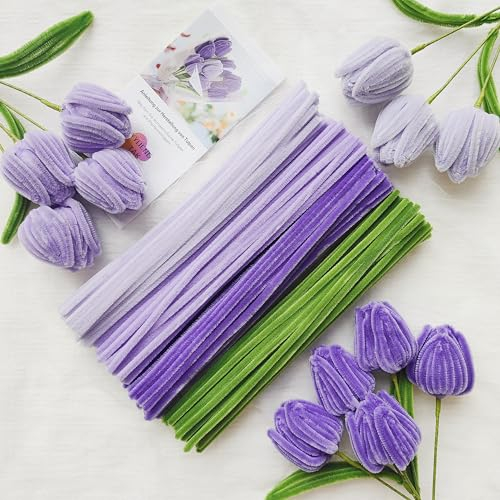 YYUENG TAK Lila Tulpe Pfeifenreiniger Blumen Set,200 Stück Pfeifenputzer zum basteln Blumen(4 Farben),12 Stück Grün Basteldraht, Anweisungen,Geschenkpapier, Geschenkband, Klebeband, Blumenstrauß DIY