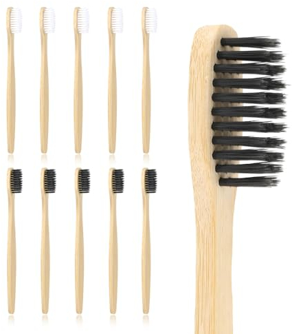 Bambus Zahnbürsten 10 Stück Natürliches Holzzahnbürste, Mittel Weichen Borsten Umweltfreundliches Reisezahnbürste Set, Plastikfrei, BPA Frei, Bioabbaubare Toothbrush (Schwarz+Weiß, Universalgröße)