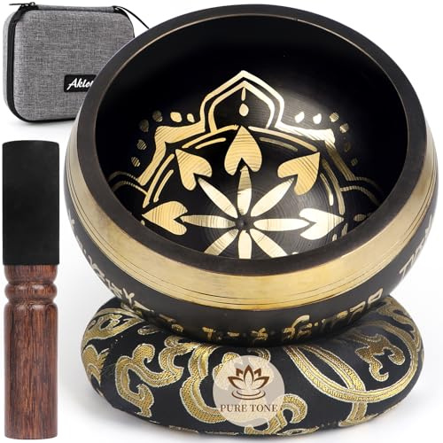 AKLOT HandMade Meditation Singing Bowl: Tibetan Sound Bowl Set with Pure Tone, Sound Bath Bowl with Cushion, Mallet, Carry Bag, Spiritual Gift for Chakra Clearing, Yoga, Prayer, Relaxation (5 Inch)