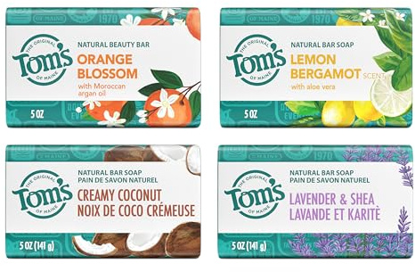 Tom’s of Maine Natural Bar Soap Variety Pack, Lavender & Shea, Creamy Coconut, Orange Blossom, Lemon Bergamot, Dermatologically Tested, Paraben Free, Vegan, 4 Count