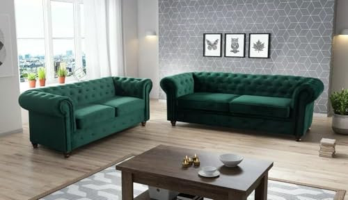 Easy4You Chesterfield Dunkelgrüner Plüsch Velvet Set 3-Sitzer + 2-Sitzer Sofa Sofas für Wohnzimmer Sofagarnituren mit Holzfüße Set Sofas & Couches