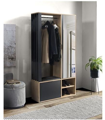 MEBLINI Garderobenschrank Flur mit Spiegel - Garderobe Schrank - Flurgarderobe schmal - Garderobe Flur Möbel Set - Flurschrank hoch - Milano - 100x33x190cm R/L - Artisan Eiche/Schwarz mit Sitzbank