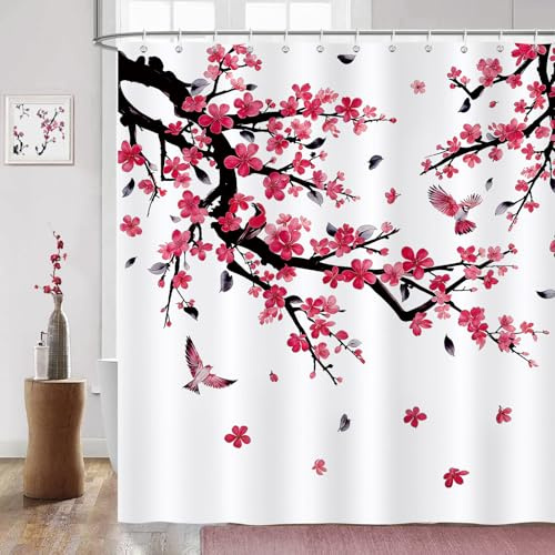 COZZSNUGE Blommigt duschdraperi, rosa röd plommon blomfåglar badrumsdraperi 183 x 183 cm, vattenavvisande mögelbeständig polyester med 12 krokar