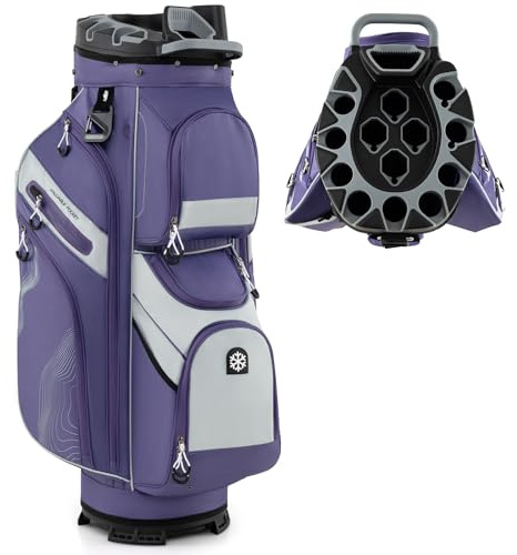 COSTWAY Sac de Golf avec 14 Compartiments, Sac de Club de Golf Portable avec Fermeture à Glissière 11 Poches Sac Isotherme Sangle Rembourrée Poignées Porte-Parapluie Housse de Pluie (Violet+Gris)