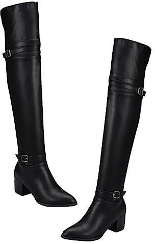 BESPORTBLE Bottes Hautes -dessus Genou pour Femme en Pu Noir, Talons Épais Antidérapants, Chaudes et Résistantes pour Automne et Hiver