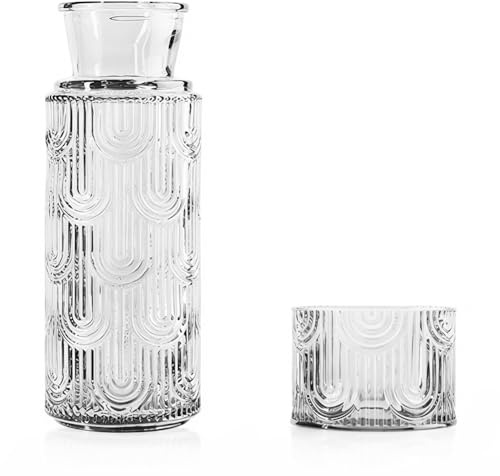 Glaskaraff med lock av borosilikatglas set, 630 ml inklusive dricksglas, elegant karaff för vatten, juice eller te i sovrummet, kontoret eller gästrummet (klart glas)