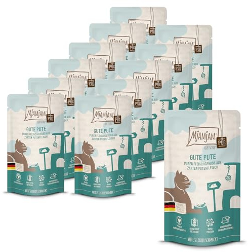 MjAMjAM - nourriture humide premium pour chats - Quetschie - pur plaisir de la viande - bonne dinde pure, pack de 12 (12 x 125 g), sans céréales avec supplément de viande