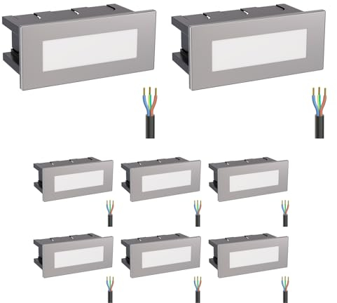 ledscom.de 8 Stück LED Treppenlicht/Wandeinbauleuchte für innen und außen, eckig, edelstahl, 123 x 60mm, warmweiß
