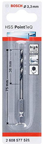 Bosch Professional 1x Foret Hexagonal HSS PointTeQ (pour métaux, Ø : 3,3 mm, longueur totale : 75 mm, emmanchement hexagonal de ¼, accessoires pour visseuse à percussion et perceuse-visseuse)