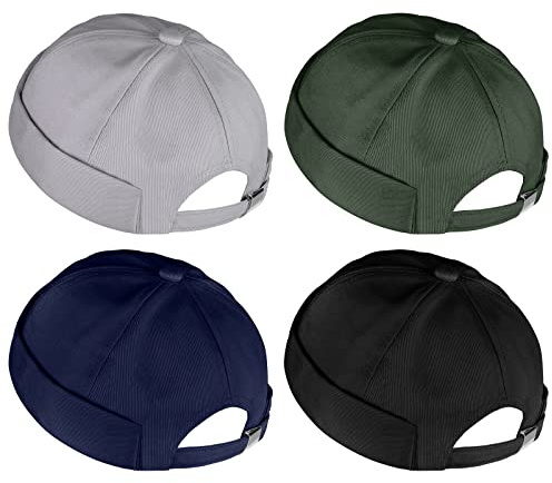 URATOT 4 Pieces Brimless Hat Docker Cap Retro Cotton No Brim Hat Adjustable Rolled Cuff Brimless Hats for Men