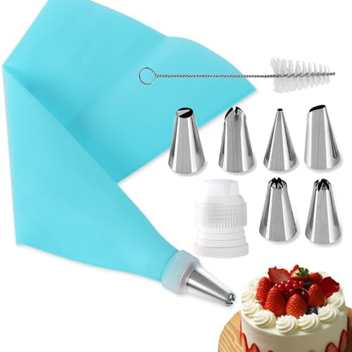 Naiocase Spritzbeutel mit Tüllen 9 Stück, Spritztüllen Set, Silikon Spritzbeutel 30cm - 6 Professionelle Edelstahl Spritztüllen für Cupcakes, Torten Dekorieren, Kuchen