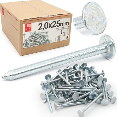 Clous de toiture galvanisés 2x25mm - boîte 1kg (env.1620 pcs), clou feutre bitumé, shingle, pointe pour toit cabane, abri jardin, maison bois, clous vis et fixations | Lun Fix
