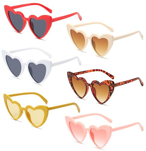 Meleager Gafas de sol retro con forma de corazón, multicolor, 6 unidades, juego de gafas de sol para fiestas, estilo vintage, con forma de corazón, hippie de corazón de los 90, para fiestas, bodas