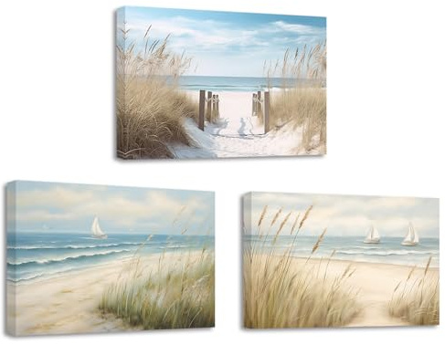 ZXHYWYM Coastal Wall Art 3 Pieces Beach Pathway Sailing Boat Picture Print on Canvas Seascape Artwork Rustic Ocean Bathroom Decor Framed(2, (12.00 x 16.00 x 3PCS))