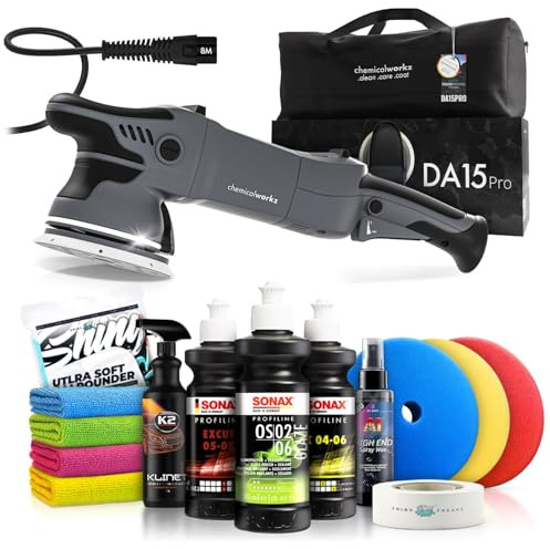 Poliermaschinen Set: chemicalworkz DA15 Pro Exzenter Poliermaschine + Sonax Politur Set + Royal Pads Premium Polierpads + Dr. Wack Lackversiegelung + Zubehör | 14-teilig