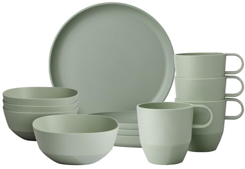 Mepal Frühstücks-Set 12-teilig Silueta Becher (300 ml), Teller (23 cm) und Schalen (750 ml) Outdoor-Geschirr für 4 Personen Spülmaschinen- und mikrowellenfest Kunststoff (PET) Nordic Sage