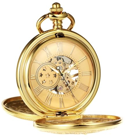TREEWETO Montre de Poche pour Homme avec chaîne rétro - Design à Double Couvercle - Antique - Chiffres Romains - pour Anniversaire, Anniversaire de Mariage, Or