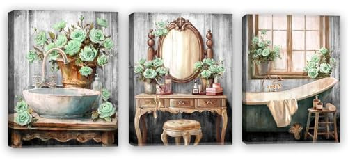 iHAPPYWALL 3 Pieces Bathroom Decor Wall Art Bathtub Washbasin and Dresser Pictures Painting Green Floral Bath Wall Decor Framed Vintage Artwork for Bedroom Decoration