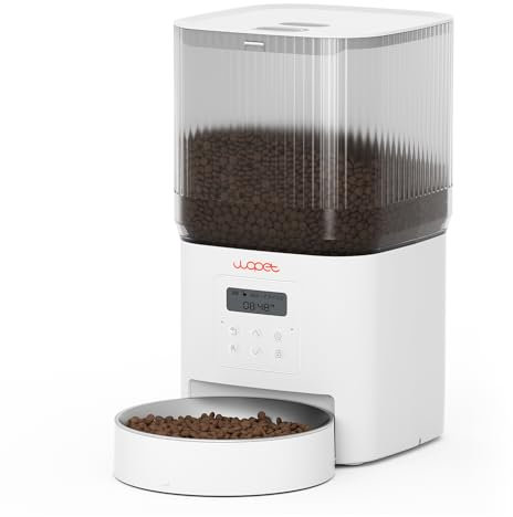 WOPET Futterautomat Katze 4L- Katzenfutter Automat 180 Tage Akkulaufzeit (1-6 Mahlzeiten/Tag, Trockenfutter) Futterspender für Katzen/Hunde,Edelstahlschüssel,Doppelnetzteil,Weiß