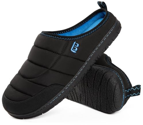 LongBay Men's Camping Slippers Memory Foam Comfy House Shoes Indoor Outdoor | Quilted Nylon Men's Slippers, Water Resistant Outdoor Camping Shoes, Warm Coral Fleece, Memory Foam, Non Slip Sole, Slip On