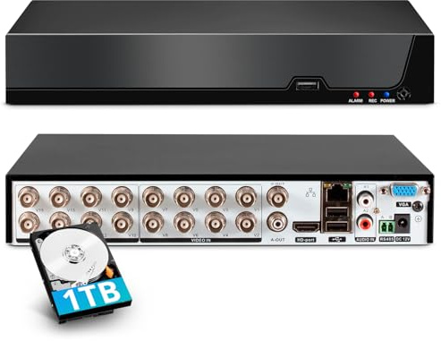 【2026 Upgraded】16 Channel Security DVR System with 1TB Hard Drive Hybrid 6-in-1 DVR Recorder for 5MP/4K/1080P Cameras (TVI/AHD/CVI/CVBS/IP), Human Detection, 24/7 Recording Remote View on Phone/PC/TV