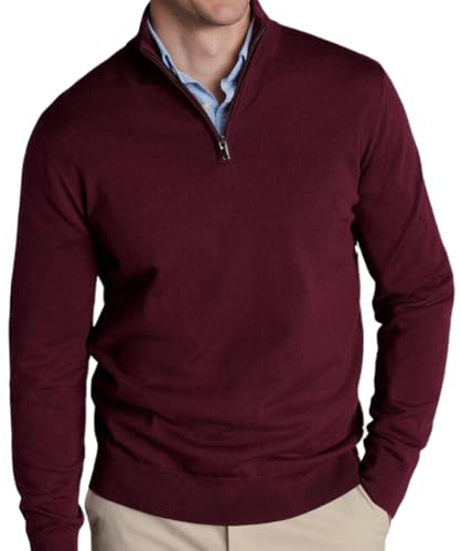 MATINEE Mens Fine Knitted Luxury Supersoft Cashmere-Like Crew Neck/V Neck/Zip Neck Sweaters, Fine 12 Gauge Knit Structure (UK, Alpha, L, Regular, Regular, Burgundy 1, 1/2 Zip Neck)